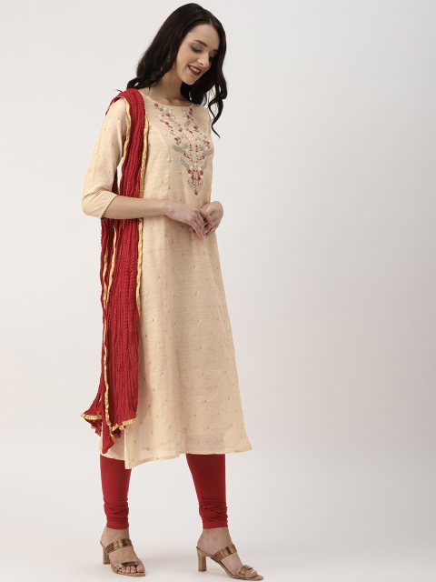 

IMARA Women Beige & Red Embroidered Kurta with Churidar & Dupatta