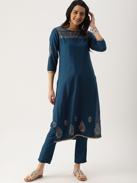 

IMARA Women Teal Blue Printed Kurta with Trousers