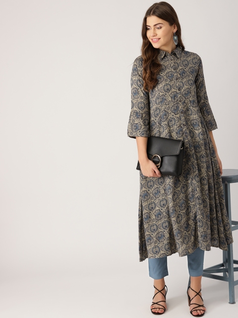 

IMARA Women Grey & Blue Printed Kurta with Trousers