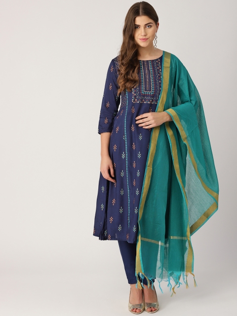 

IMARA Women Navy Blue & Green Printed Kurta with Trousers & Dupatta