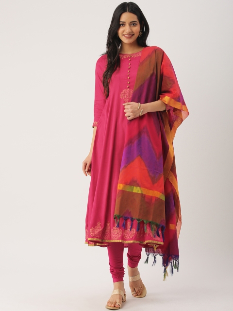 

IMARA Women Pink Printed Panelled A-Line Kurta with Churidar & Dupatta