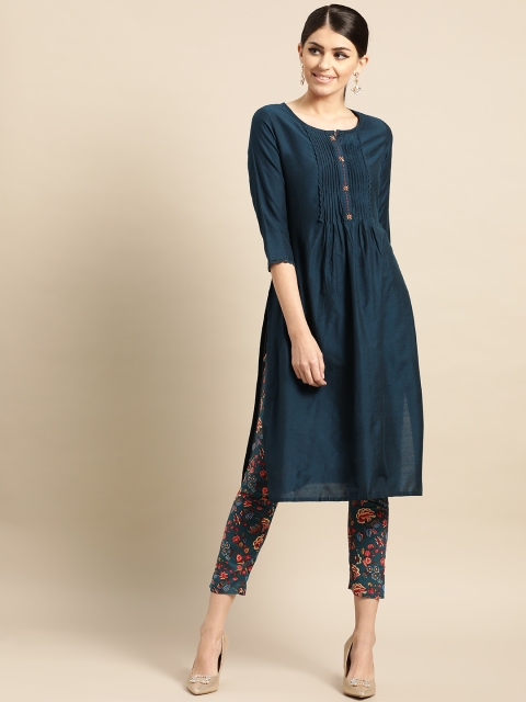 

IMARA Women Navy Blue & Pink Solid Kurta with Trousers