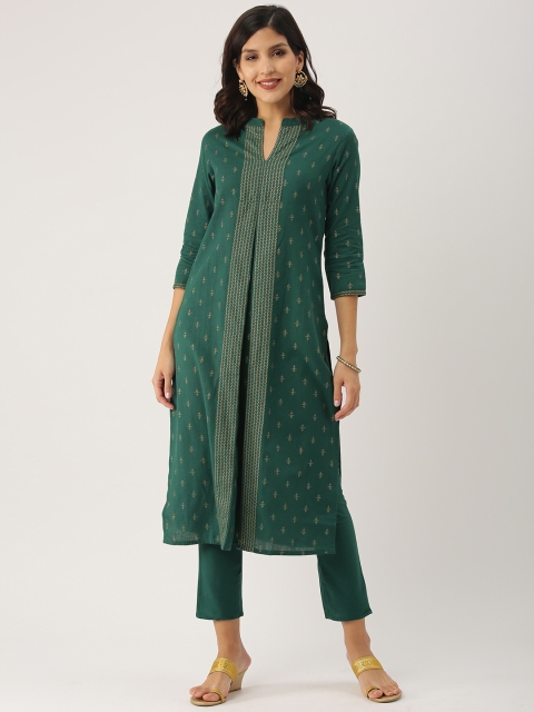 

IMARA Women Dark Green Printed Straight Pleated Kurta with Trousers