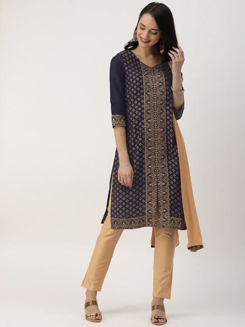 

IMARA Women Navy Blue & Beige Printed Kurta with Trousers & Dupatta