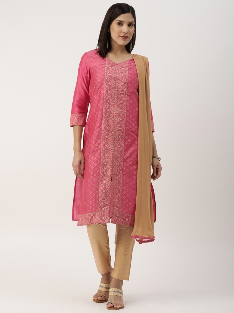 

IMARA Women Pink & Beige Printed Straight Kurta with Trousers & Dupatta