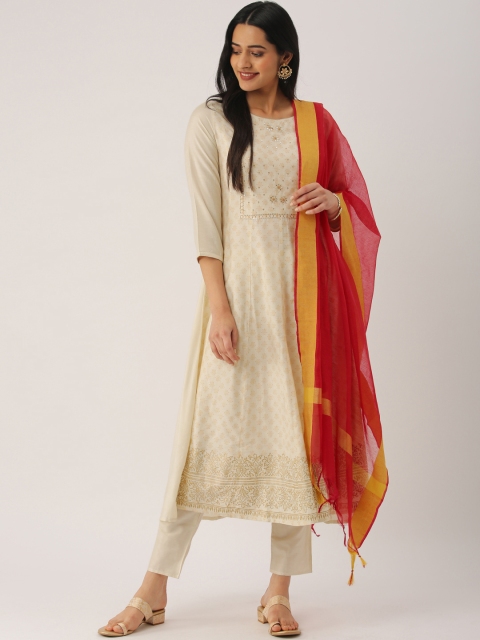 

IMARA Women Off-White & Red Printed Kurta with Trousers & Dupatta