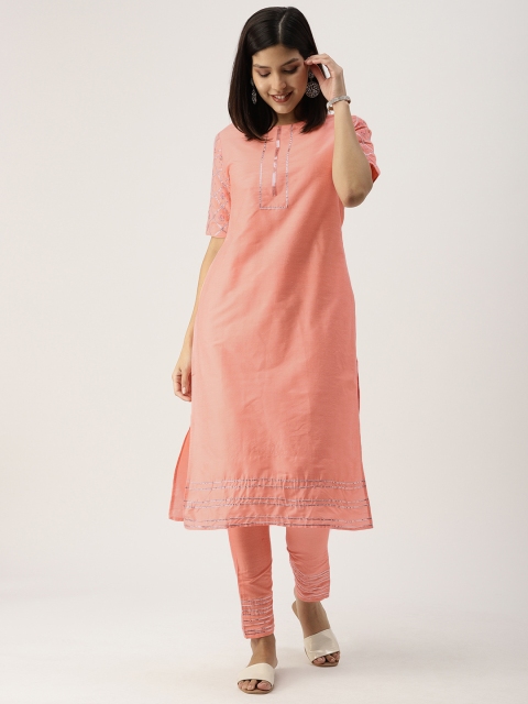 

IMARA Women Peach-Coloured Solid A-Line Kurta with Trousers