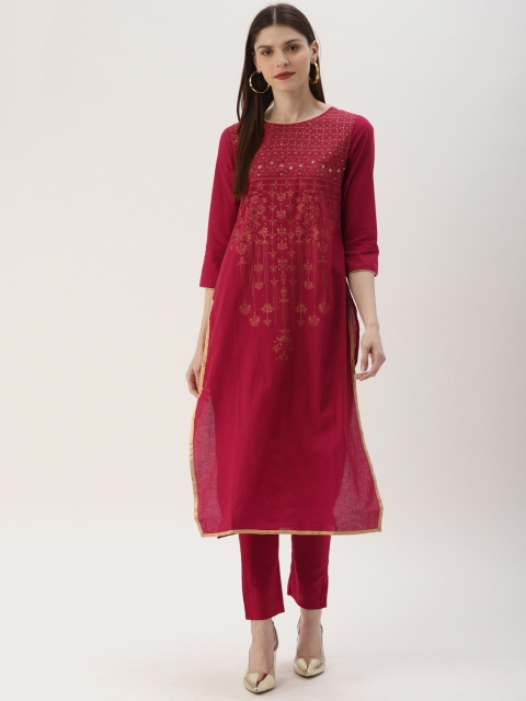 

IMARA Women Maroon & Gold-Toned Printed Straight Kurta with Trousers