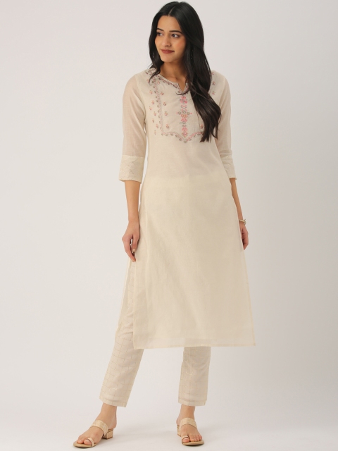 

IMARA Women Off-White Embroidered Kurta with Trousers