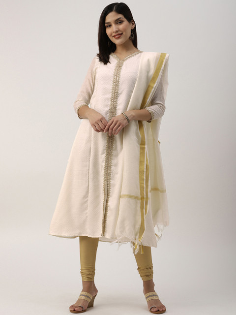 

IMARA Women Off-White & Gold-Toned Embroidered Kurta with Churidar & Dupatta