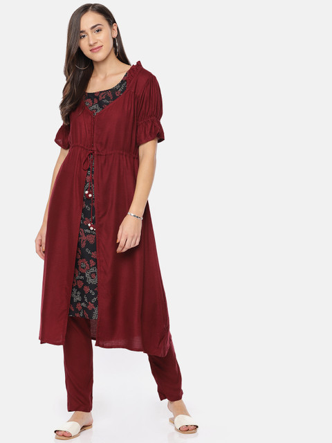 

IMARA Women Maroon & Black Printed A-Line Layered Kurta