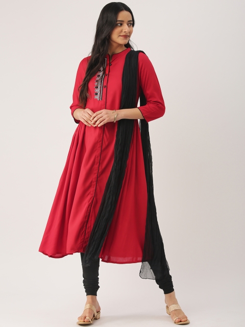 

IMARA Women Red & Black Yoke Design A-Line Kurta with Churidar & Dupatta