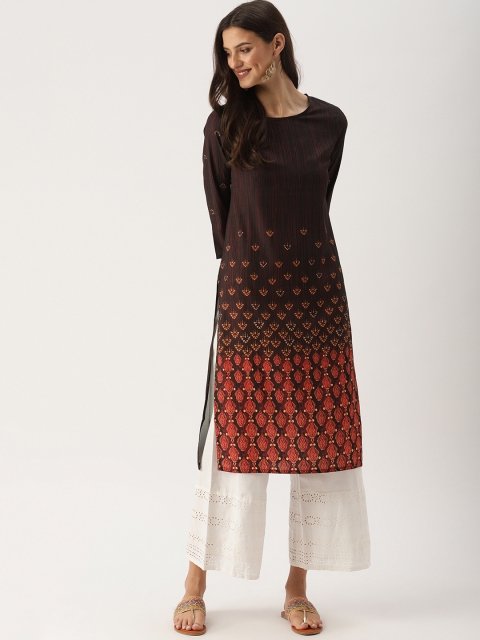 

IMARA Women Black & Maroon Printed Straight Kurta