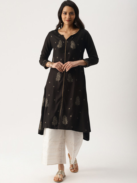 

IMARA Women Black Printed Asymmetric A-Line Kurta