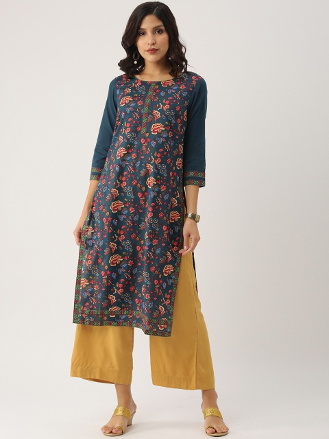 

IMARA Women Teal Green & Red Floral Print Straight Kurta