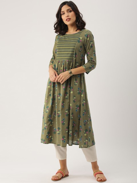 

IMARA Women Green & Yellow Printed A-Line Kurta