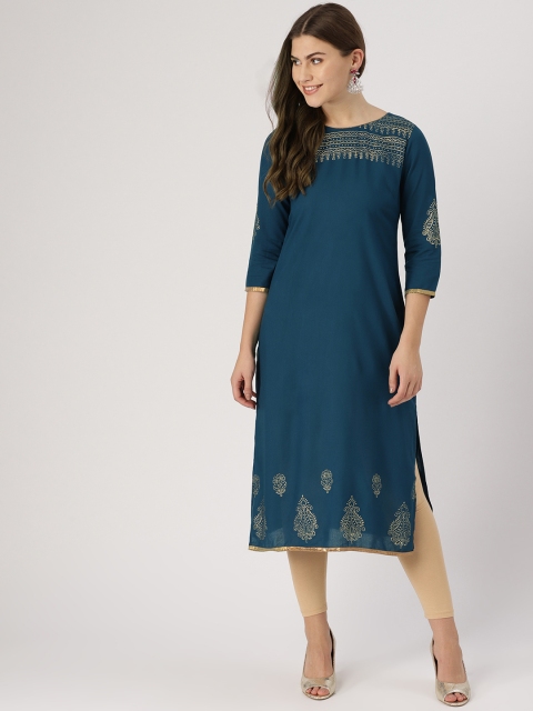

IMARA Women Teal Blue Foil Print Straight Kurta
