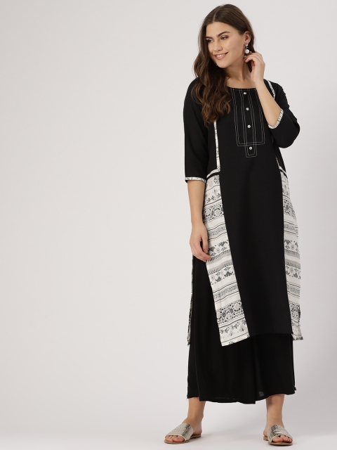 

IMARA Women Black & Off-White Solid Straight Kurta