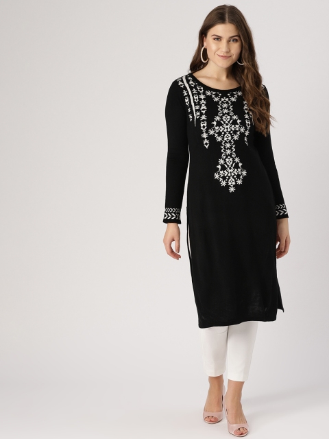 

IMARA Women Black & Off-White Yoke Design Knitted Straight Winter Kurta