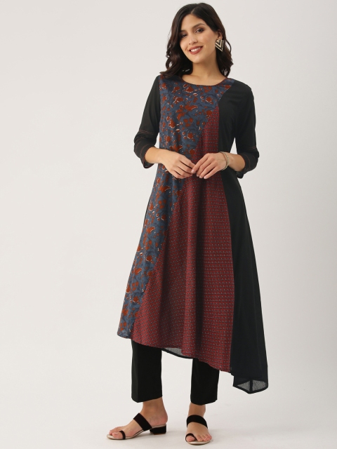 

IMARA Women Black & Maroon Printed A-Line Asymmetric Kurta