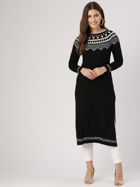 

IMARA Women Black & Off-White Yoke Design Knitted Straight Winter Kurta