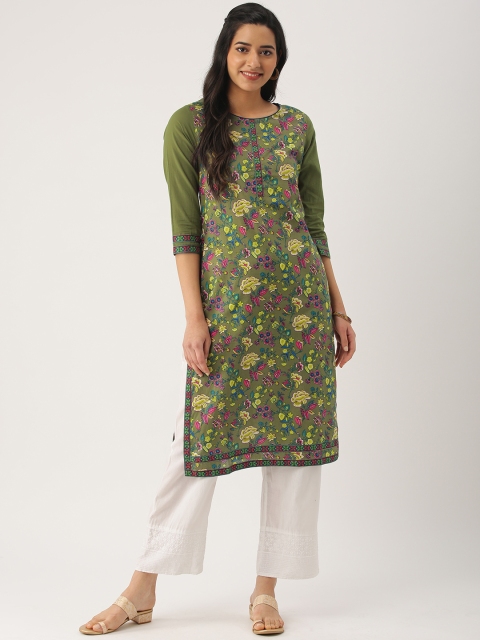 

IMARA Women Olive Green & Yellow Floral Print Straight Kurta