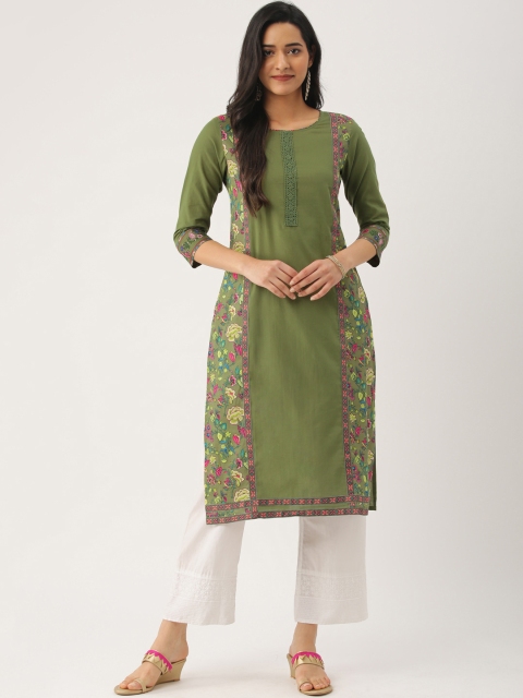 

IMARA Women Green Floral Print Straight Kurta