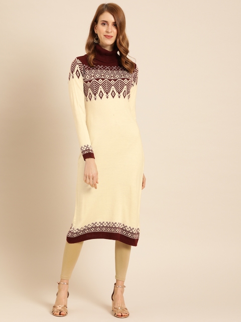 

IMARA Women Cream-Coloured & Maroon Yoke Design Straight Sweater Kurta