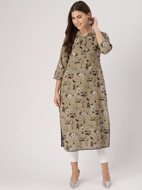 

IMARA Women Taupe & Black Printed Straight Kurta