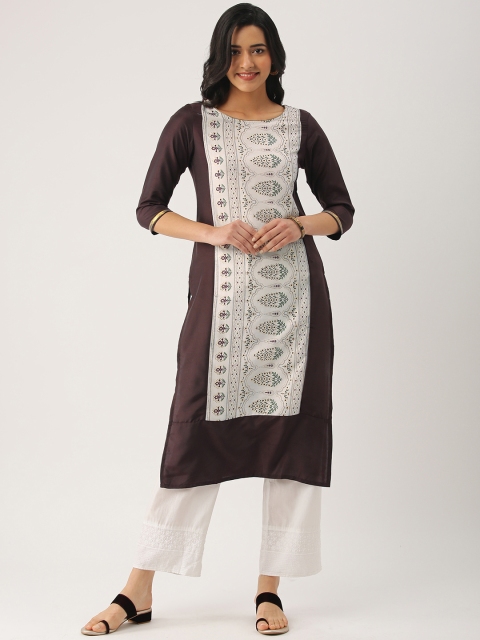 

IMARA Women Brown & White Printed Straight Kurta