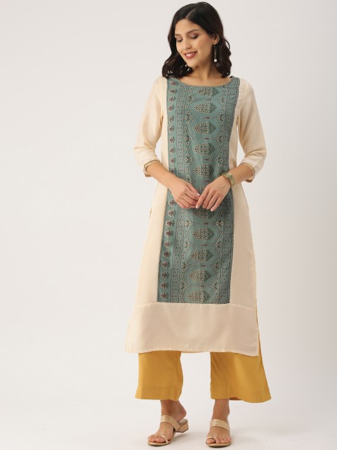 

IMARA Women Off-White & Sea Green Floral Print Straight Kurta