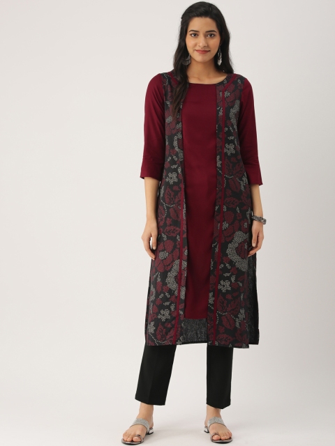 

IMARA Women Maroon & Black Floral Print Straight Kurta