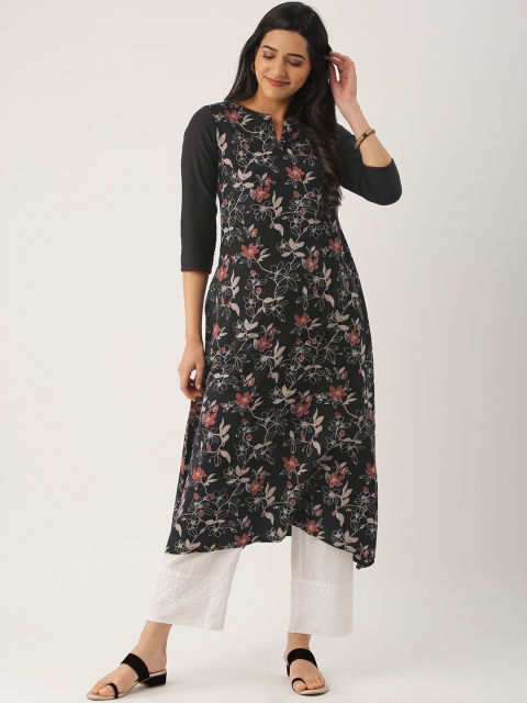 

IMARA Women Black & Maroon Floral Printed A-Line Kurta