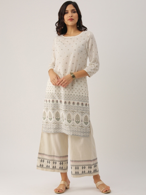 

IMARA Women White & Green Printed Straight Kurta