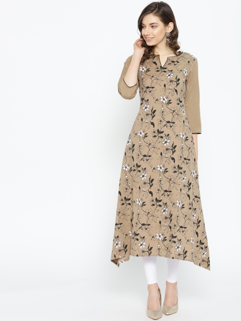 

IMARA Women Brown & Black Floral Print A-Line Kurta