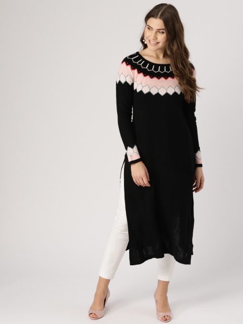 

IMARA Women Black & Peach-Coloured Yoke Design Straight Winter Kurta