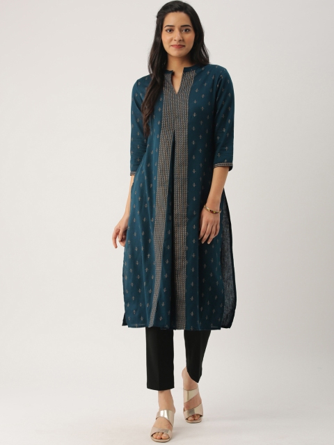 

IMARA Women Teal Blue Printed Straight Kurta