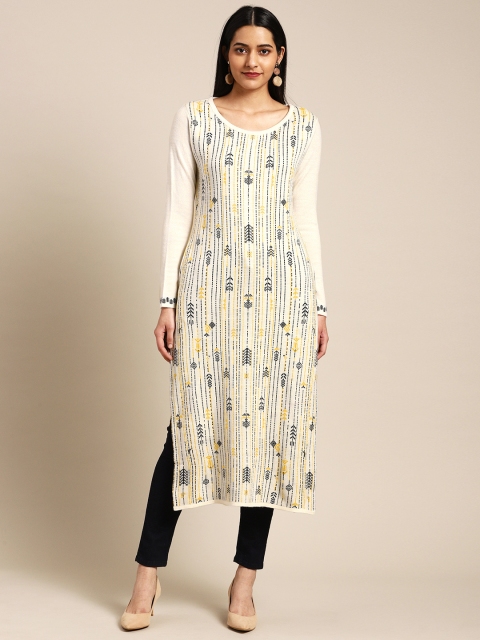 

IMARA Women White Woven Striped Sweater Kurta