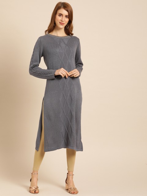 

IMARA Women Charcoal Grey Self Design Straight Sweater Kurta