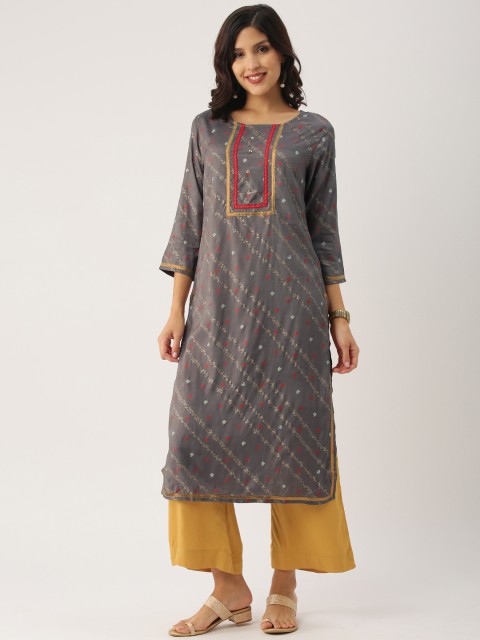 

IMARA Women Grey & Golden Printed Straight Kurta