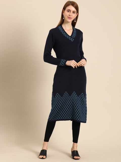 

IMARA Women Navy Blue Woven Design Sweater Kurta