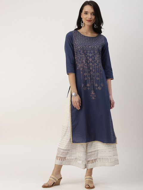 

IMARA Women Blue Yoke Design Straight Kurta