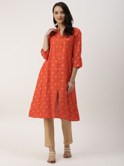 

IMARA Women Orange & Gold-Coloured Printed A-Line Kurta