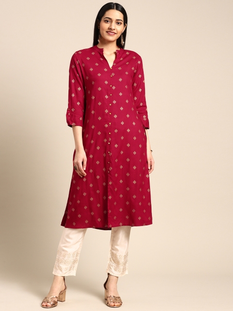 

IMARA Women Maroon & Gold-Toned Printed A-Line Kurta
