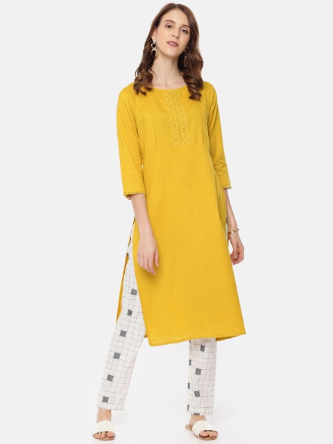 

IMARA Women Mustard Yellow Solid Straight Kurta