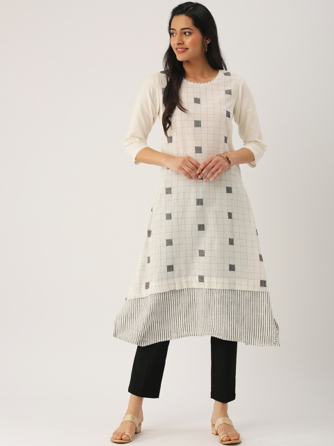 

IMARA Women Off-White & Black Checked A-Line Kurta