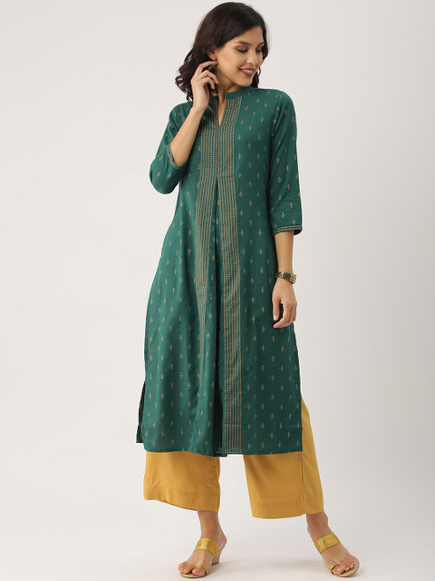 

IMARA Women Green & Golden Foil Print Straight Kurta