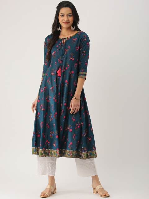 

IMARA Women Teal Green & Red Floral Printed A-Line Kurta