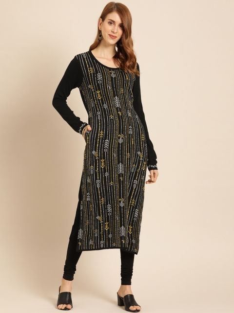

IMARA Women Black & Yellow Woven Design Straight Sweater Kurta
