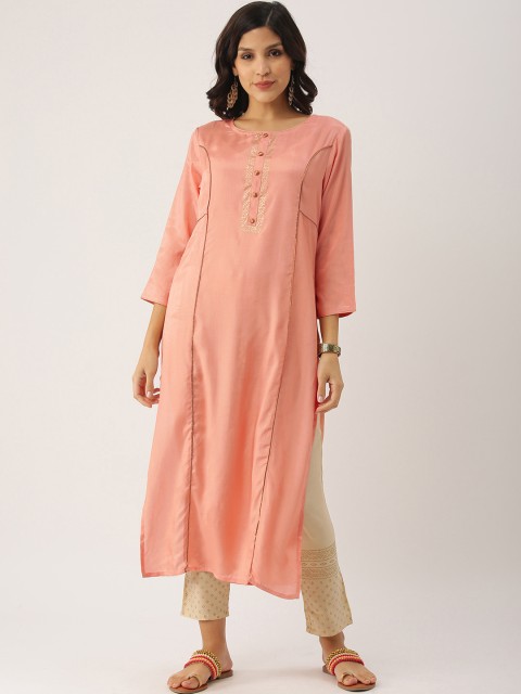 

IMARA Women Peach-Coloured Solid Straight Kurta